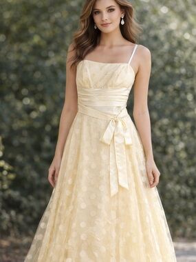Masquerade Pale Yellow Polka Dot Formal Dress with Satin Sash